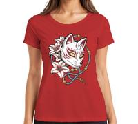Kitsune - Maglietta da donna con maschera giapponese, volpe, giglio, anime, Colore: rosso, M