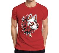 Kitsune Maschera Giappone Volpe Giglio Rosso Tattoo Maglietta Uomo, Colore: rosso, L