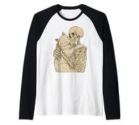 Kitten Pet Skeleton Hugging Cat Graphic Halloween Maglia con Maniche Raglan