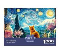 Kitten Sitting on The Windowsill 1000 Pezzi Cartoncino Premium Puzzle Van-Gogh Style Starry Sky Immagini Vibranti Gioco Creativo Puzzle Per Bambini 52x38cm/1000pcs