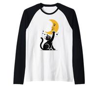 Kitty Che Gioca con la Luna Carino Gatto Amante Sognante Notte Cielo Maglia con Maniche Raglan