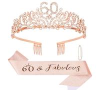 KIUEZIR 60&Fabulous - Set di diadema e fascia in oro rosa, elegante corona per 60° compleanno con strass e lega, con pettine e fascia regolabile glitterata con spilla con perle, decorazioni per feste