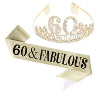 KIUEZIR 60&Fabulous - Set di diadema e fascia per compleanno in oro, con strass e lega, con pettine e fascia glitterata, accessori per capelli da donna per feste di compleanno per 60° compleanno