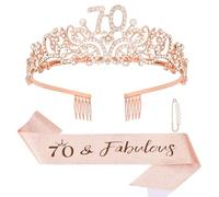 KIUEZIR 70&Fabulous - Set di diadema e fascia in oro rosa, elegante corona per 70° compleanno con strass e lega, con pettine e fascia regolabile glitterata con spilla con perle, decorazioni per feste