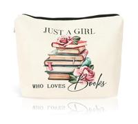 KIUEZIR Beauty case per gli amanti dei libri, in lino resistente con design con libri e frasi divertenti, cerniera liscia e grande capacità, borsa da viaggio per cosmetici da donna, regalo per le