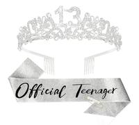 KIUEZIR Diadema e fascia argentata per il 13° compleanno, corona da principessa con strass e pettine per capelli, accessorio ufficiale per ragazze