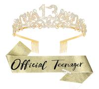 KIUEZIR Diadema e fascia dorata per il 13° compleanno, corona da principessa con strass e pettine per capelli, accessorio ufficiale per ragazze