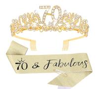 KIUEZIR Set di diadema e fascia in oro per 70° compleanno, elegante corona floreale con strass e lega con pettine e fascia in morbido tessuto glitterato, da donna, per feste per 70° compleanno