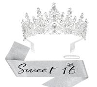 KIUEZIR Set di diadema e fascia per 16° compleanno in argento, corona di lusso con strass con pettine laterale e fascia in tessuto glitterato "Sweet 16", copricapo in lega resistente per feste di