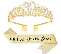 KIUEZIR Set di diadema e fascia per 90° compleanno in oro, elegante corona floreale con strass e lega, fascia con pettine e fascia in morbido tessuto glitterato, da donna, per feste per 90° compleanno