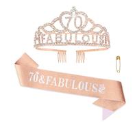 KIUEZIR Set di diadema e fascia per compleanno "70&Fabulous" in oro rosa, strass e corona in lega con pettine, fascia glitterata e spilla regolabile, copricapo perfetto per feste di compleanno o