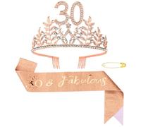 KIUEZIR Set di lussuosi 30 pezzi, corona di compleanno e fascia in oro rosa, con strass a forma di foglia e corona in lega, con pettine e brillantini, decorazione di compleanno per 30 compleanni