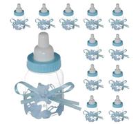 Kiuiom Bomboniera per Biberon,Bottiglia di Caramelle Plastica con Orso Nastri,Bottiglia di Caramelle Baby Shower,Regalo di Battesimo Neonato e Decorazione Doccia,Riutilizzabile,Blu,12 pezzi