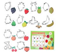 Kivinia Set di 12 formine per biscotti a forma di frutta, in acciaio inox, set di formine per biscotti a forma di ananas, fragola, pera, limone, mela, uva, pesca, banana, ciliegia