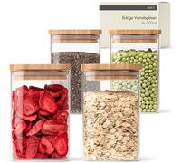 KIVY Barattoli con coperchio - 4 x 600 ml - Piccoli contenitori con coperchio in bambù - Barattoli con coperchio - Barattoli in vetro con coperchio - Barattoli in legno - Contenitori in vetro di bambù