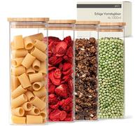 KIVY Barattoli con coperchio ermetici [4 x 1000 ml] rettangolari in vetro con coperchio, contenitore in vetro con coperchio, contenitore in vetro con coperchio in legno