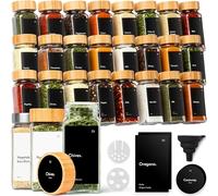 KIVY Barattoli per spezie con inserto per spargere [24 x 120 ml] + 240 etichette impermeabili - Barattoli per spezie rettangolari (barattoli per spezie nero coperchio in bambù)
