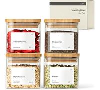 KIVY Barattoli rettangolari [4 x 400 ml] + etichette, ermetici e impilabili con coperchio in legno, contenitori in vetro borosilicato senza BPA, adatti per set da 12