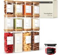 KIVY Barattoli rettangolari [set da 12 pezzi] + etichette - barattoli impilabili e ermetici con coperchio - Barattoli con coperchio ermetici - Barattoli rettangolari - Bambù