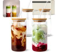 KIVY Bicchieri con coperchio e cannuccia [4 x 450 ml] caffè freddo, acqua e vetro Matcha, set di bicchieri da long drink, bicchieri da caffè e matcha con coperchio e cannuccia, bicchieri da caffè