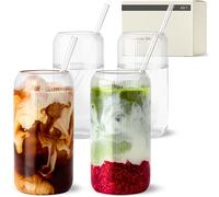 KIVY Set di 4 bicchieri a coste con cannuccia [4 x 450 ml] - caffè freddo, acqua e vetro Matcha - bicchieri a costine Aesthetic - bicchieri da cocktail - bicchieri da caffè freddo scanalati