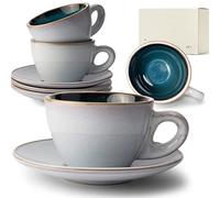 KIVY Set di Tazze da Caffè Cappuccino [4 x 180ml] - Gres a parete spessa - set tazzine caffe particolari - tazze da cappuccino - set tazzine caffè con piattino - tazzine da caffè ceramica blu