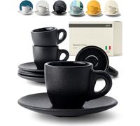 KIVY Tazzine da Caffè Con Pareti Spesse [4 x 75 ml] - Realizzate a Mano in Gres di Alta Qualità Nero Opaco - Set di 4 Tazze da Espresso