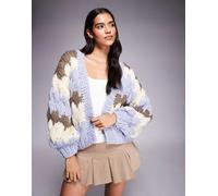 Kiwi & Co - Hugs & Kisses - Cardigan in maglia a bolle lavorata a mano con maniche a palloncino celeste e color moka a righe-Blu M