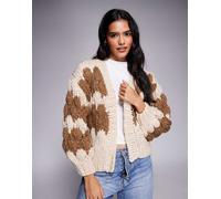 Kiwi & Co - Hugs & Kisses - Cardigan in maglia a bolle lavorata a mano con maniche a palloncino color moka e marrone a righe S