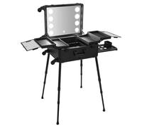KiwiHood Valigetta cosmetica portatile professionale per trucchi da 21 pollici con luce a LED, specchio a 8 lampadine, gambe regolabili in altezza e ruote trolley per viaggi e saloni di bellezza, Nero