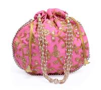 KIYAY Pochette da donna in velluto ricamato Potli Bag Bag Confezione da 1 borsa con coulisse pochette filo dorato perle e perline, Rosa confetto, Medium