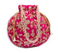 KIYAY Pochette da donna in velluto ricamato Potli Bag Bag Confezione da 1 borsa con coulisse pochette filo dorato perle e perline, Rani rosa., Medium