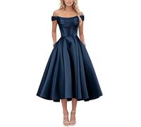KIYNE Abiti da ballo in raso lunghezza tè per le donne senza spalle abito da ritorno a casa corsetto una linea formale abito da festa, Marina Militare, 44