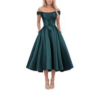 KIYNE Abiti da ballo in raso lunghezza tè per le donne senza spalle abito da ritorno a casa corsetto una linea formale abito da festa, Foglia di t, 60 Più