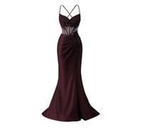 KIYNE Abito da ballo da donna in raso a sirena, con spacco in pizzo, con spalline sottili, abito da ballo formale, Borgogna, 40