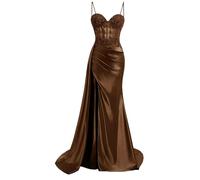 KIYNE Abito da ballo in raso con spalline sottili con fessura in pizzo applique abito da ballo a sirena lunghezza pavimento corsetto abito formale, Marrone, 46