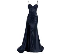 KIYNE Abito da ballo in raso con spalline sottili con fessura in pizzo applique abito da ballo a sirena lunghezza pavimento corsetto abito formale, blu navy, 46