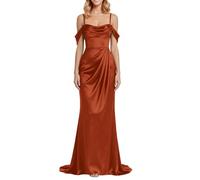KIYNE Abito da damigella d'onore da donna in raso, con spalle scoperte, abito da sera a una linea formale, Arancione bruciato, 58 Più