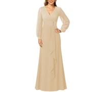 KIYNE Abito da donna a maniche lunghe per la madre della sposa, con increspatura a V, in chiffon, formale, da sera, Champagne, 46