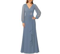 KIYNE Abito da donna a maniche lunghe per la madre della sposa, con increspatura a V, in chiffon, formale, da sera, Blu polvere., 42