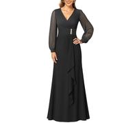 KIYNE Abito da donna a maniche lunghe per la madre della sposa, con increspatura a V, in chiffon, formale, da sera, Nero , 40