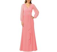 KIYNE Abito da donna a maniche lunghe per la madre della sposa, con increspatura a V, in chiffon, formale, da sera, Corallo, 62 Più