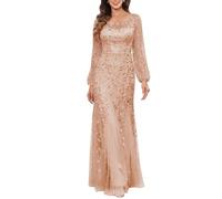 KIYNE Abito da donna a maniche lunghe per la madre della sposa con scollo rotondo in tulle con paillettes abito da festa formale, Oro rosa, 62 Più