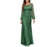 KIYNE Abito da donna a maniche lunghe per la madre della sposa con scollo rotondo in tulle con paillettes abito da festa formale, Verde smeraldo, 48