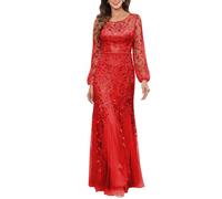 KIYNE Abito da donna a maniche lunghe per la madre della sposa con scollo rotondo in tulle con paillettes abito da festa formale, Rosso, 42