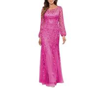 KIYNE Abito da donna a maniche lunghe per la madre della sposa con scollo rotondo in tulle con paillettes abito da festa formale, Fucsia, 50 Più