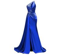 KIYNE Abito da donna monospalla in raso con fessura senza maniche sirena abito da festa formale abito lungo laurea, Blu reale, 48