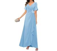KIYNE Abito da donna per la madre della sposa con maniche pieghettate scollo a V in chiffon abito formale da sera, Azzurro, 42