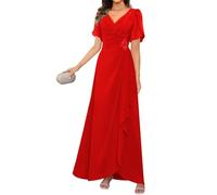 KIYNE Abito da donna per la madre della sposa con maniche pieghettate scollo a V in chiffon abito formale da sera, Rosso, 60 Più