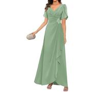 KIYNE Abito da donna per la madre della sposa con maniche pieghettate scollo a V in chiffon abito formale da sera, Verde salvia, 50 Più